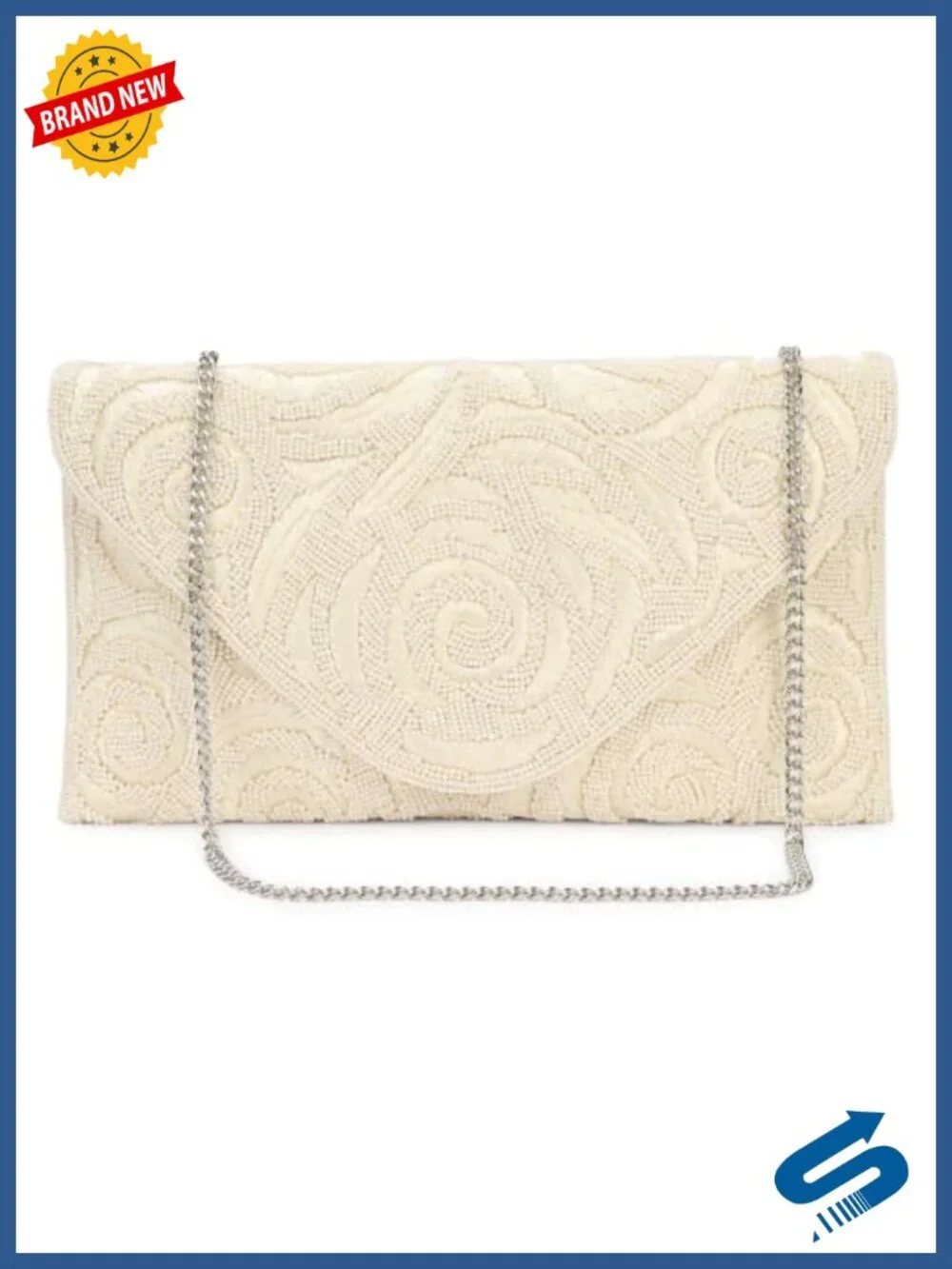 Silver Beaded Rose Embroidered Evening Clutch with Detachable Chain Strap